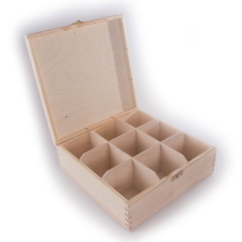 Wooden Storage Box With Lid Clasp & 9 Sections Compartments/ Keepsake Decorative 