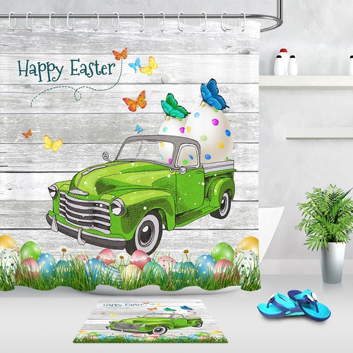 Green Truck Easter Egg Butterfly Fabric Shower Curtain Set Bathroom Decor Hooks