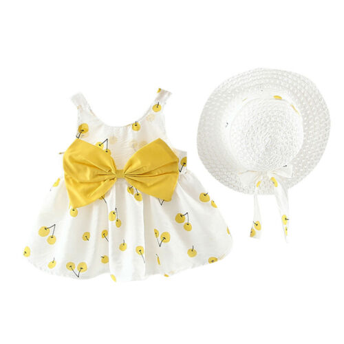 Toddler Baby Kid Girl Summer Sleeveless Cherry Princess Dresses Bow Hat Outfit W 