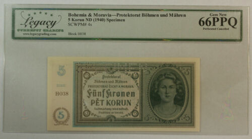 1940 5 Korun Specimen Bohemia /& Moravia Protectorat Currency Note Legacy 66 PPQ