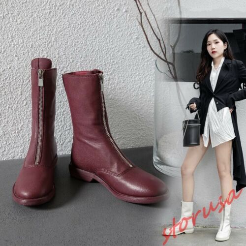 Details about  &nbsp;Womens Round Toe Leather Riding Boots Front Zipper Mid Calf Boots Low Block Heel