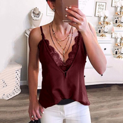 Women Lace Vest Deep V-Neck Blouse Sleeveless Backless Top Casual Slim Fit