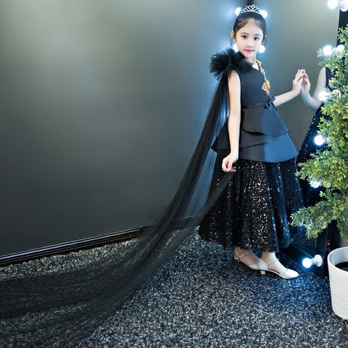 Royal Black Appliques Luxury Birthday Wedding Princess Flower Girls Dress