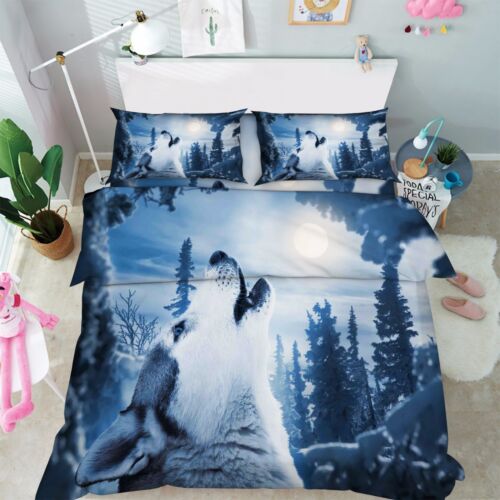 3D Wolf Moon Forest 7 Bed Pillowcases Quilt Duvet Cover Set Single Queen AU
