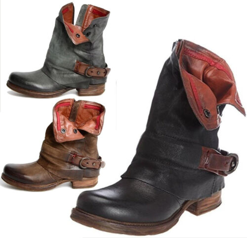 New Womens Casual Buckle Mid Calf Biker Slouch Ankle Boots Low Chunky Heel Shoes