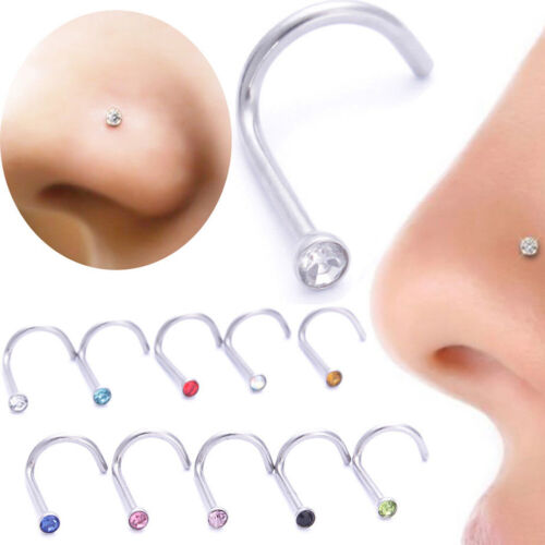 2PCS Surgical Steel Small Gem Crystal Screw Nose Stud Nose Ring Hoop Piercing US 