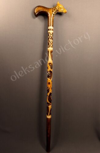 Giraffe Hand Carvin Cane Hiking Walking Stick Wooden Unique Handmade Canes Eco 