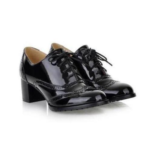 Lady Shiny Patent Leather Lace Up Toe Chunky Heel Court Brogue Shoes UK Sz 2-8.5