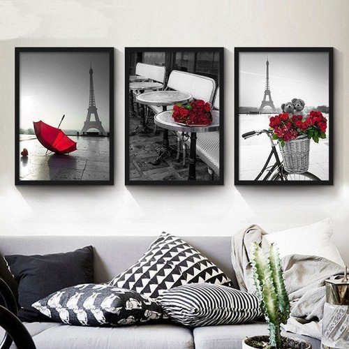 Black City Landscape Red Flower Tower Wall Art Canvas Painting Home Decor