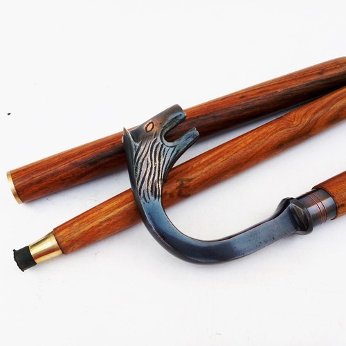 Vintage Wolf Fox Antique Walking Cane Wooden Stick Brass Handle Stick Style