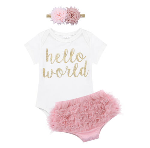 Newborn Baby Girl Hello World Romper Jumpsuit Bodysuit Headband Clothes Outfit