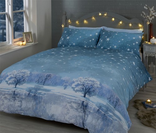 Weihnachten Nacht Stars Bäume Schnee Blau Baumwolle Blend Einzel 3 Teile Bettset