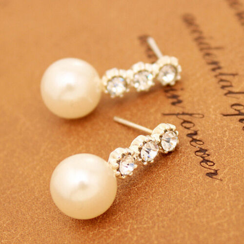 Women Lady Elegant Pearl Rhinestone Ear Stud Earrings Clip Fashion Jewelry Gift