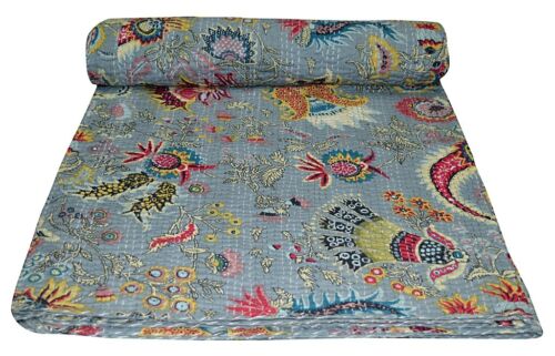 Queen Mukut Print Kantha Quilt Indian Reversible Bedspread Bedding Throw Blanket 