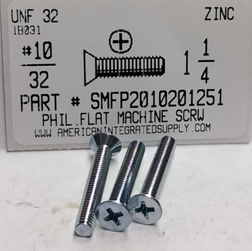 #10-32x1-1//4 Flat Head Phillips Machine Screws Steel Zinc Plated 50