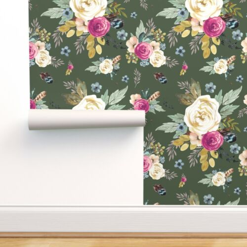 Wallpaper Roll Green Olive Floral Flowers Boho Fall 24in x 27ft