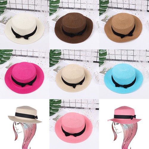 Nouveau Femmes Rétro été plage Casual Panama Chapeau Soleil Plat Brim nœud Straw Cap