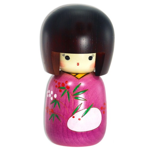Japanese 5/" Creative KOKESHI Wooden Doll Girl wears Bamboo Rabbit Yukata Kimono