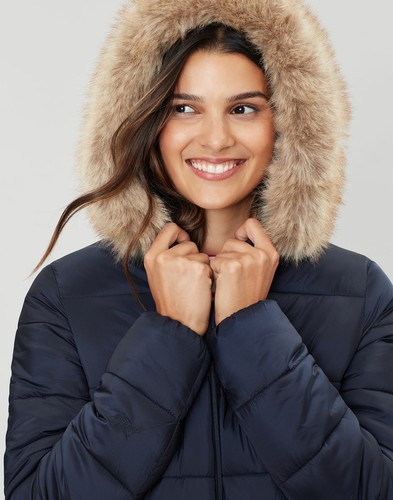 Joules Women Touchline Padded Hooded Coat With Removable Faux Fur Trim in