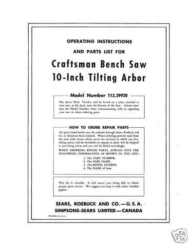 Sears Craftsman  Table Saw Manual Model # 113.29920