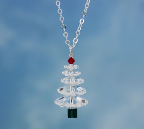 Winter White Crystal Christmas Tree Sterling Silver Necklace -clear, red, green