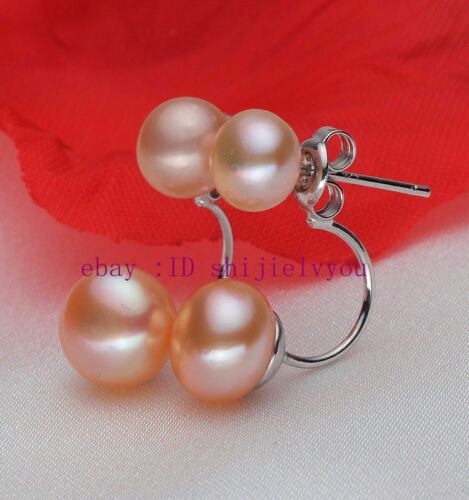 New Fashion Women/'s Stud Earrings Silver Double Pink Freshwater Pearl