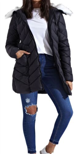 NUOVA linea donna lunga Pelliccia Cappuccio Zig Zag Quilted Puffer imbottito cappotto parka Premium
