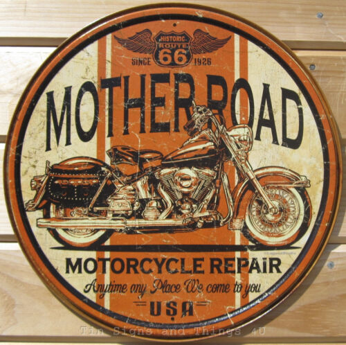 Mother Road Route 66 ROUND TIN SIGN vintage harley motorcycle garage decor 1697