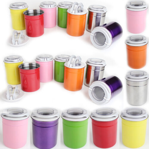 Set of 2 Tea Coffee Sugar Kitchen Canisters Jars Various Colours Suction Lids