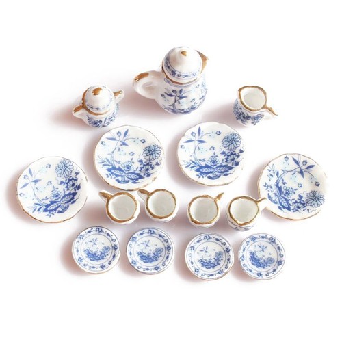 1//12th Juego De Té Cerámica China Vajilla De Comedor Casa De Muñecas Miniaturas Flor Azul M9R3