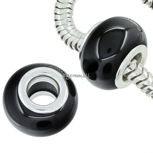 Black Onyx In Sterling Silver Core Rondelle European Charm Bead Choose Sizes