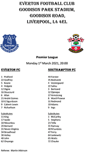 Premier League Unofficial Pirate Team Sheet Everton v Southampton 1/3/2021 