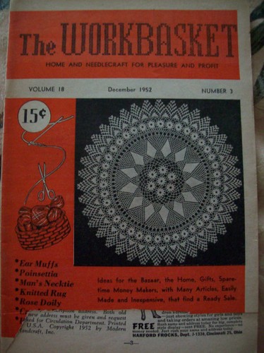 December 1952 Workbasket Knit Crochet Tat Pattern Magazine Doily Earmuffs Rug