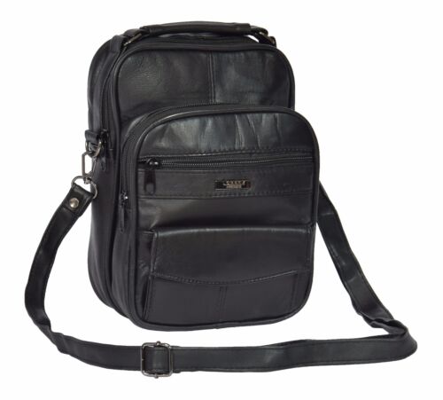 Mens Leather Messenger Shoulder Bag Travel Casual Tablet iPad PC Organiser Black 