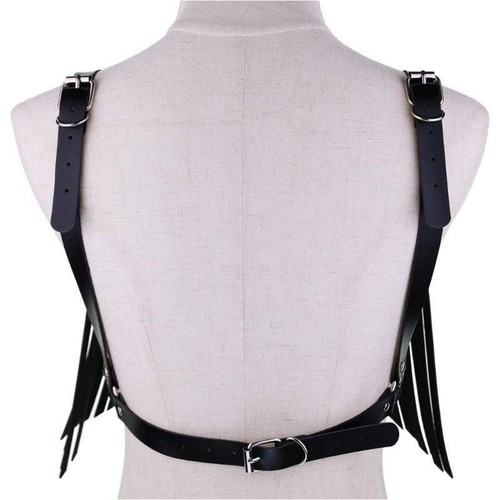 Women Gothic Faux Leather Tassels Chest Harness Bralette Body Chain Clubwear z