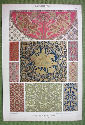 BYZANTINE Weaving /& Embroidery Fabrics Vienna Rome 1880s Color Litho Print