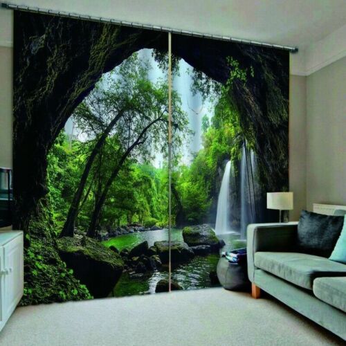 3D Cave Waterfall Window Curtain Forest Living Room Bedroom Curtains Drapes