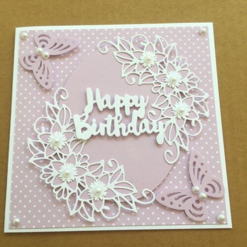 Handmade Happy Birthday card lilac & white flowers & butterflies with pearls 