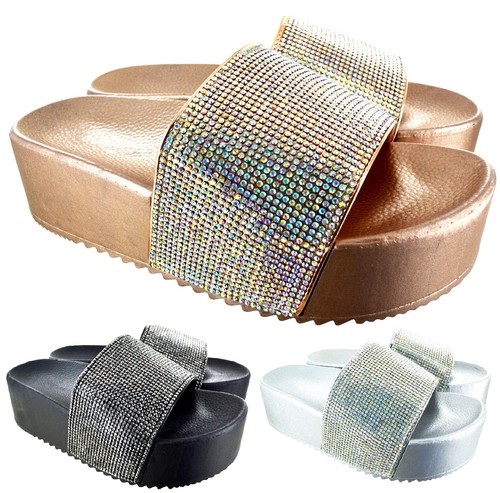 LADIES WOMENS FLATFORM LOW HEEL WEDGE SUMMER DIAMANTE SLIDERS SANDALS SHOES SZ
