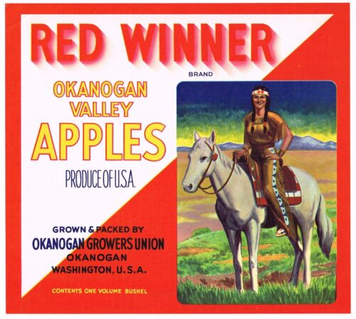 CRATE LABEL RED WINNER HORSE VINTAGE OKANOGAN INDIAN AMERICAN GENUINE APPLE 