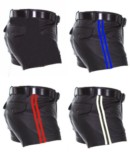Men&#039;s Sheep Leather Shorts Soft Black with Strips Half Pant Gay Club Wear Shorts