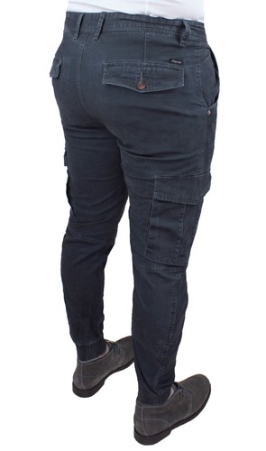 PANTALONE JEANS UOMO CARGO INVERNALE CASUAL GRIGIO SCURO SLIM FIT CON TASCONI