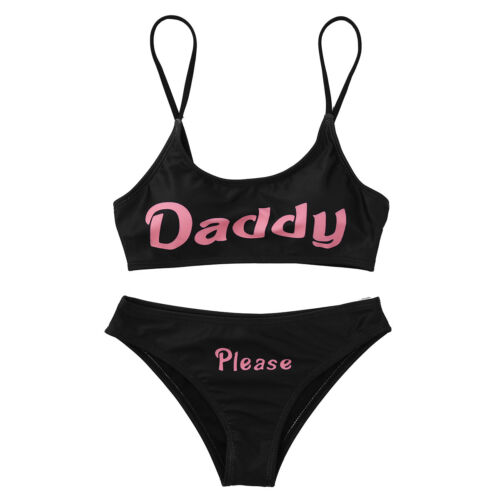 US /_Women 2Pcs Yes Daddy Printed Stretchy Mini Bra Crop Tops Briefs Lingerie Set