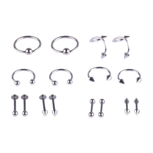 16X Stainless Steel Body Piercing Kit Navel Tongue Eyebrow Nose Lip Ring Earring
