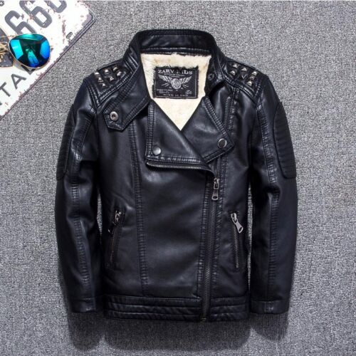 Kids Boys Warm Leather Jacket Fleece-lined Biker Black Outerwear Motorcycle Coat