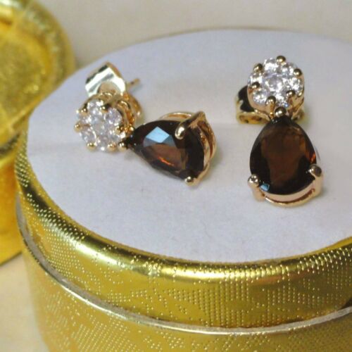 Yellow Gold Filled sim diamonds and smokey quartz drop dangle earrings Boxed