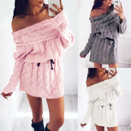 Womens Off Shoulder Chunky Knitted Mini Dress Long Sleeve Jumper Sweater Dresses