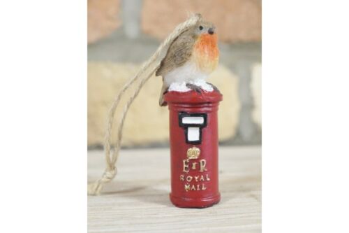Robin perched on a Post Box Christmas Tree Hanging Ornament decoration xmas red 