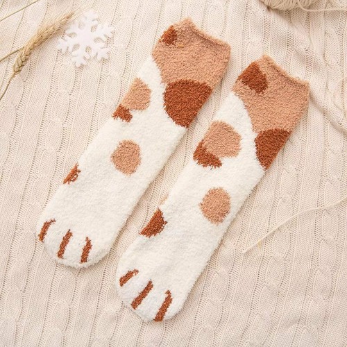 Girls Sleep Winter Plush Women Fleece Floor Claws Thicken Coral Cute Cat Socks