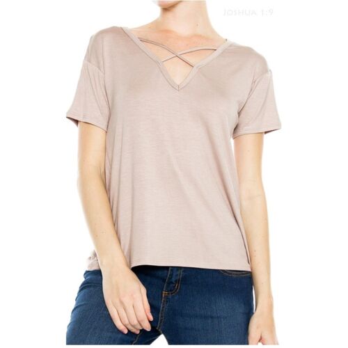 Solid Short Sleeve Criss Cross Front V Neck Top Casual Rayon Span Cute S M L